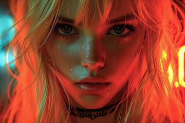 Young beautiful woman with long hair and green eyes, shot in pink neon light