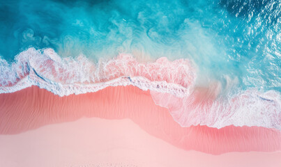 Wall Mural - Aerial view of a tropical sandy beach and ocean coastline in abstract pink and blue tones