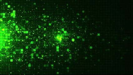 Leinwandbilder - An animated background of rows of squares changing color and moving chaotically. Pixel graphics, moving squares and particles. Background of glowing squares. Bright abstract mosaic green background 