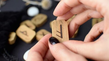 Wall Mural - Scandinavian wooden runes in the hands of a fortune teller on a black table with velvet bags and stones. Magic esoteric symbols and signs for divination and prediction of the future and fate.