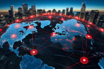 A futuristic depiction of a digitally connected world, showcasing vibrant nodes and pathways superimposed over a cityscape and Earth, emphasizing the intricate web of global communications