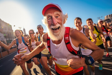 Wall Mural - Dynamic elderly marathon participant in a rainbow tank top, full of life, city skyline behind.