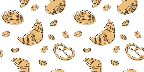 Bakery hadpainted illustrations set banner black and white beige coffee, buns, beans, croissant