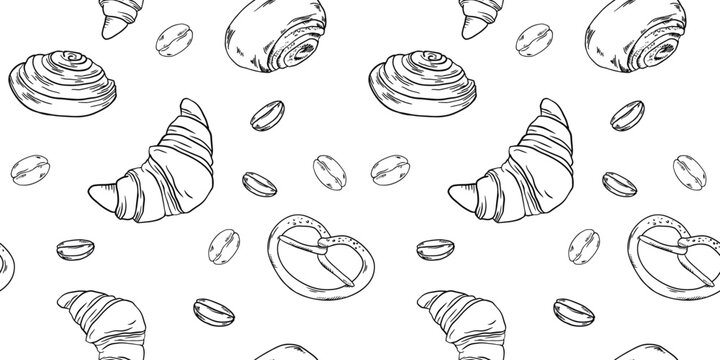 Bakery hadpainted illustrations set banner black and white doodle coffee, buns, beans, croissant