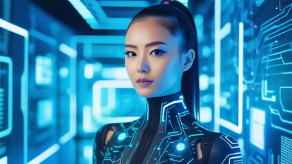 girl engineer in clothes working with neural networks studies ai