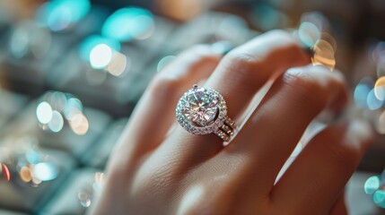 Engagement ring in woman's hand at jewelry store