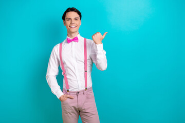 Canvas Print - Photo portrait of pretty young male point empty space promo poster dressed stylish pink outfit isolated on aquamarine color background