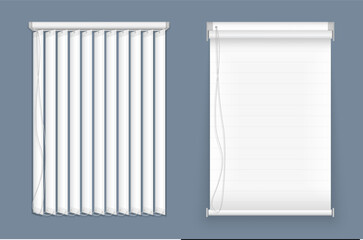 Wall Mural - Horizontal, vertical closed and open blinds for office rooms. Set of horizontal and vertical blinds for window, element interior. Realistic closed window shutters, front view.