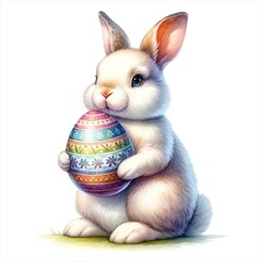 Wall Mural - An illustration of an Easter Bunny holding an Easter egg, rendered in watercolor style.