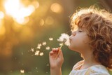 Fototapeta Dmuchawce - Amidst a sea of vibrant bubbles, a young girl with a playful smile blows on a dandelion, embracing the carefree joys of childhood in the great outdoors
