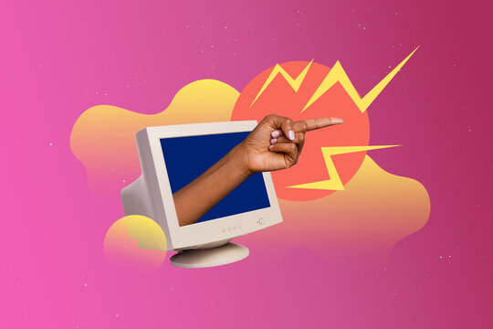 Creative collage banner human arm pointing gesture showing sign old computer monitor screen display technology drawing background