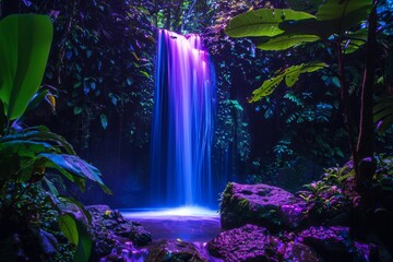 Poster - The tranquil rush of water cascading down a lush, green waterfall in a peaceful forest surrounded by towering trees and vibrant plants, a perfect harmony of nature's beauty and power