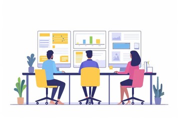 Aufkleber - A diverse group of individuals gathers around a sleek table, their eyes focused on a vibrant computer screen displaying a whimsical cartoon drawing of clothing, all brought to life by the skillful ar