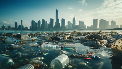 Wall Mural - Plastic bottles on the bottom of the ocean with a modern city skyline in the background.