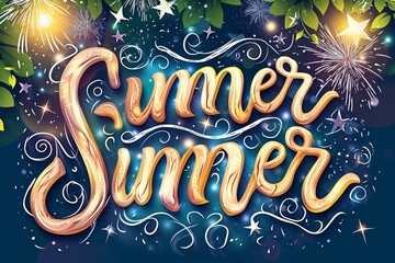 Aufkleber - An elegant blend of typography and graphic design, highlighted by golden swirls and delicate leaves, evokes a sense of artistic fireworks on a serene blue canvas