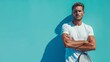 minimalist vivid advertisment background with handsome tennis player and copy space