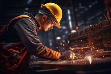 Poster - Professional Caucasian worker operating machine in steel production.