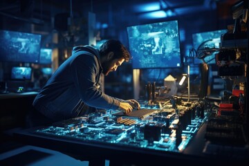 Poster - Quality control engineer inspects circuit board at factory.