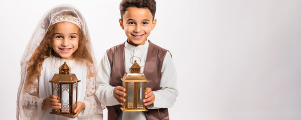 Poster - The Little Boy and Little Girl Holding lanterns, Fictional Character Created By Generative AI. 