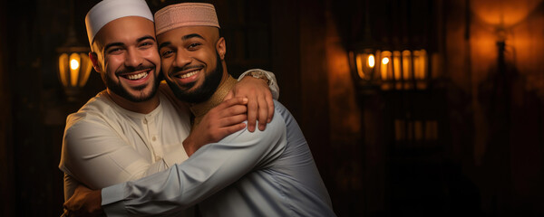 Poster - Muslim Men Embracing Each Other in Friendship. Fictional Character Created By Generative AI. 