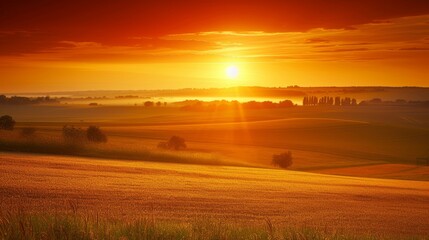 Wall Mural - Golden Horizon: A Tranquil Sunrise Over Vast Farming Fields