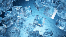 Blue Ice Cubes With Water Drops Falling On The Surface. AI Generated