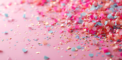 Canvas Print - Light pink background with pink and blue scattered confetti copy space for text