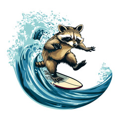 Wall Mural - Happy Surfer Raccoon. Cartoon illustration in vector