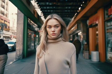 Wall Mural - A young American model walking on the city streets, at tilt angle. Blurred city background.