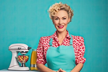 Wall Mural - Pleased housewife in multicolored blouse, 1950s vintage style, light blue studio background, 40s.