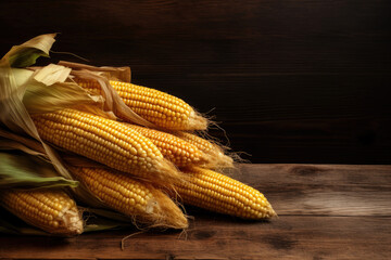 Wall Mural - Fresh corn on wooden table with corn plantation background