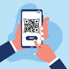 Poster - Hand holding Smartphone scanning qr code pay concept