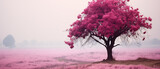 Fototapeta Sypialnia - Misty Blossom: A Captivating Pink Tree Enveloped in a Foggy Field. Natural landscape wallpaper background
