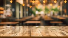 The Empty Wooden Table Top With Blur Background Of Restaurant. Exuberant Image. Generative AI