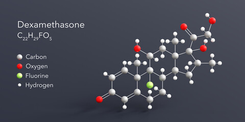  dexamethasone molecule 3d rendering, flat molecular structure with chemical formula and atoms color coding
