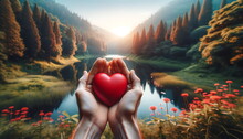 Digital Illustration Concept Art Of A Hand Hold Heart With Nature Background