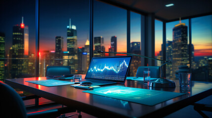 Wall Mural - Modern City Night View from an Office, Urban Skyscraper Background with Business Concept