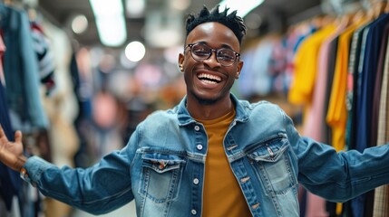 A young black American man enjoys shopping in a clothing store at the mall.