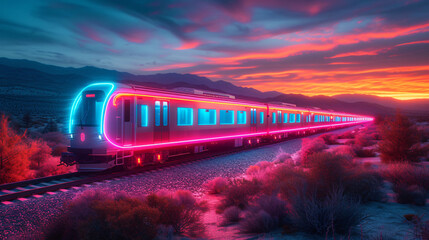 a light train flowing in the mountains, in the style of radiant neon patterns, photo-realistic landscapes, light indigo and magenta, desertwave, light silver and blue, rollerwave, luminous sfumato