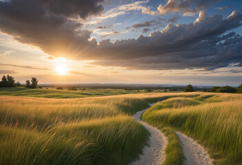 Serene ride through the lush meadows at dusk, with the sun sinking below the horizon and the tranquil waters mirroring the clouds