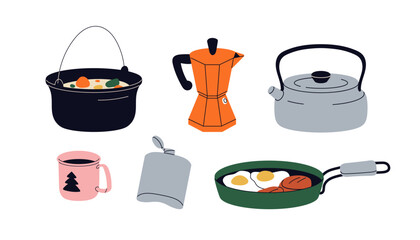 Camping kit for cooking food. Hiking kitchen appliances, cookware set. Tea kettle, picnic pot, coffee maker, mug, metal water flask, frying pan. Flat vector illustrations isolated on white background