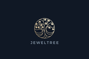 Wall Mural - Tree in Circle Logo Gold Linear Outline Vector Template. Luxury Fashion Jewelry Logotype icon.