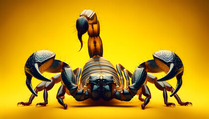 A close-up frontal view of a scorpion on a yellow background