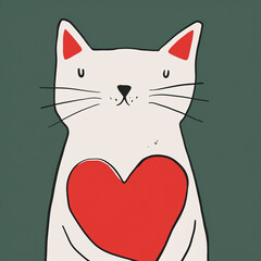 Wall Mural - a white cat with a red heart, in the style of minimalist cartooning, dark humor graphic prints, stylistic influence by japanese woodblock prints, smilecore, line drawings
