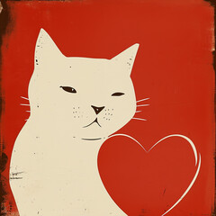 Wall Mural - a white cat with a red heart, in the style of minimalist cartooning, dark humor graphic prints, stylistic influence by japanese woodblock prints, smilecore, line drawings
