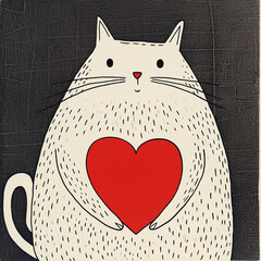 Wall Mural - a white cat with a red heart, in the style of minimalist cartooning, dark humor graphic prints, stylistic influence by japanese woodblock prints, smilecore, line drawings
