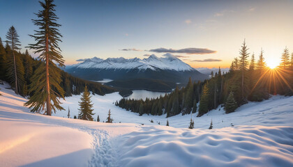 A River Meanders Through Snowy Scenery, Surrounded by Tall Trees and Snow-Capped Mountains.