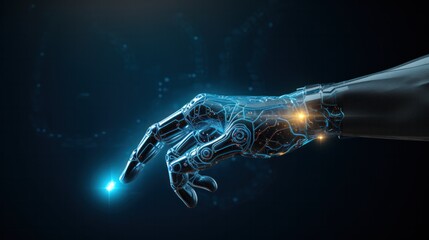 Wall Mural - Robotic hand touching on solid blue background, AI hand