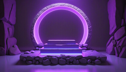 Wall Mural - abstract ultraviolet background with stone platform, rocks, neon arch, glowing line, and mirror refl