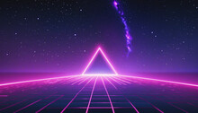 Synthwave Vaporwave Retrowave Cyber Background With Copy Space, Laser Grid, Starry Sky, Blue And Purple Glows With Smoke And Particles. Design For Poster, Cover, Wallpaper, Web, Banner, Etc.	